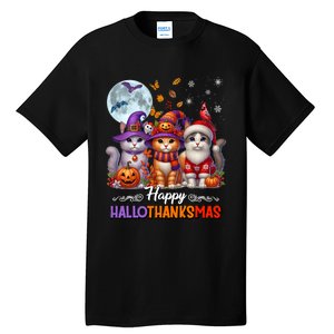 Halloween Thanksgiving Christmas Happy Hallothanksmas Cats Tall T-Shirt