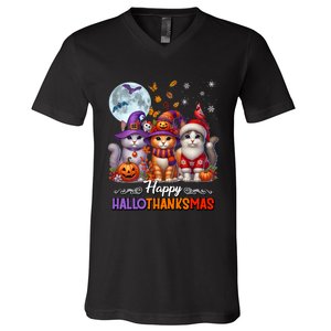 Halloween Thanksgiving Christmas Happy Hallothanksmas Cats V-Neck T-Shirt