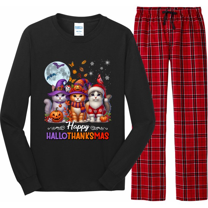 Halloween Thanksgiving Christmas Happy Hallothanksmas Cats Long Sleeve Pajama Set