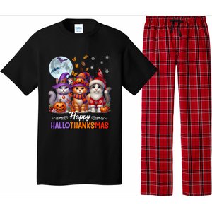 Halloween Thanksgiving Christmas Happy Hallothanksmas Cats Pajama Set