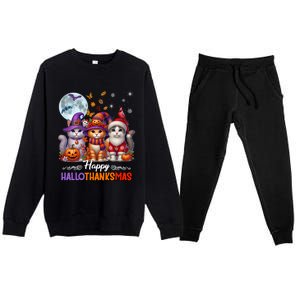 Halloween Thanksgiving Christmas Happy Hallothanksmas Cats Premium Crewneck Sweatsuit Set