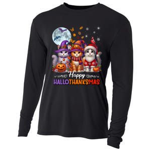 Halloween Thanksgiving Christmas Happy Hallothanksmas Cats Cooling Performance Long Sleeve Crew