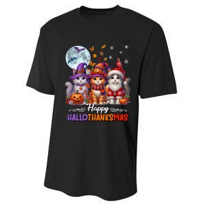 Halloween Thanksgiving Christmas Happy Hallothanksmas Cats Performance Sprint T-Shirt