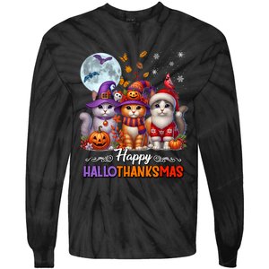 Halloween Thanksgiving Christmas Happy Hallothanksmas Cats Tie-Dye Long Sleeve Shirt