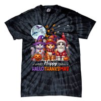 Halloween Thanksgiving Christmas Happy Hallothanksmas Cats Tie-Dye T-Shirt