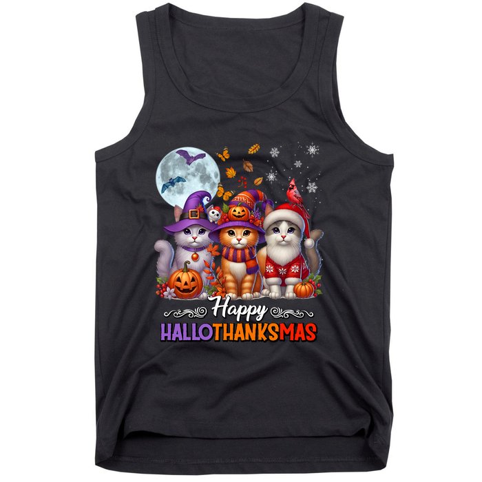 Halloween Thanksgiving Christmas Happy Hallothanksmas Cats Tank Top