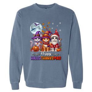 Halloween Thanksgiving Christmas Happy Hallothanksmas Cats Garment-Dyed Sweatshirt