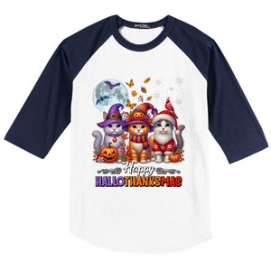 Halloween Thanksgiving Christmas Happy Hallothanksmas Cats Baseball Sleeve Shirt