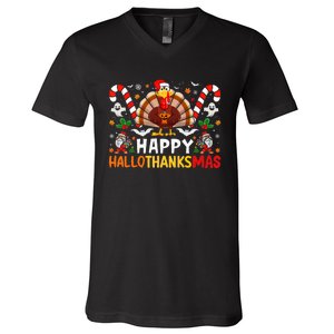 Halloween Thanksgiving Christmas Happy Hallothanksmas V-Neck T-Shirt