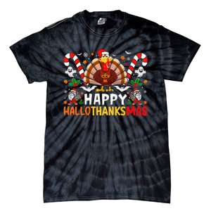 Halloween Thanksgiving Christmas Happy Hallothanksmas Tie-Dye T-Shirt