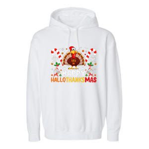 Halloween Thanksgiving Christmas Happy Hallothanksmas Garment-Dyed Fleece Hoodie