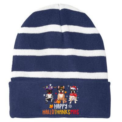 Halloween Thanksgiving Christmas Funny French Bulldog Dogs Striped Beanie with Solid Band