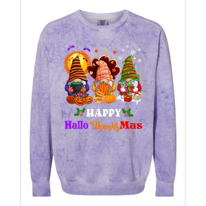 Halloween Thanksgiving Christmas Happy HalloThanksMas Gnomes Long Sleeve Colorblast Crewneck Sweatshirt