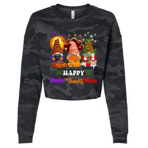 Halloween Thanksgiving Christmas Happy HalloThanksMas Gnomes Long Sleeve Cropped Pullover Crew