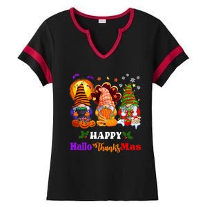 Halloween Thanksgiving Christmas Happy HalloThanksMas Gnomes Long Sleeve Ladies Halftime Notch Neck Tee