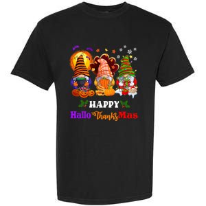 Halloween Thanksgiving Christmas Happy HalloThanksMas Gnomes Long Sleeve Garment-Dyed Heavyweight T-Shirt