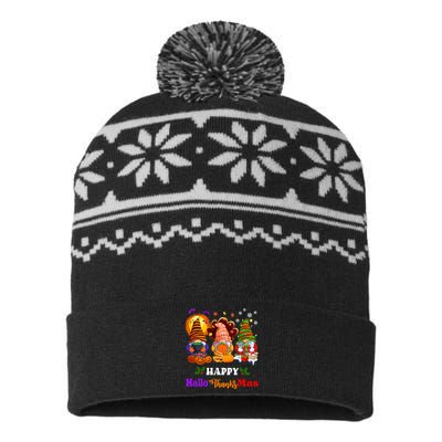 Halloween Thanksgiving Christmas Happy HalloThanksMas Gnomes Long Sleeve USA-Made Snowflake Beanie