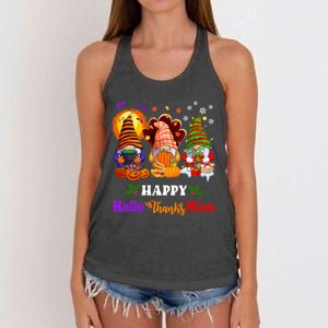 Halloween Thanksgiving Christmas Happy HalloThanksMas Gnomes Long Sleeve Women's Knotted Racerback Tank