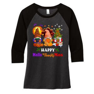 Halloween Thanksgiving Christmas Happy HalloThanksMas Gnomes Long Sleeve Women's Tri-Blend 3/4-Sleeve Raglan Shirt