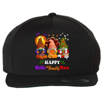 Halloween Thanksgiving Christmas Happy HalloThanksMas Gnomes Long Sleeve Wool Snapback Cap