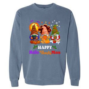 Halloween Thanksgiving Christmas Happy HalloThanksMas Gnomes Long Sleeve Garment-Dyed Sweatshirt