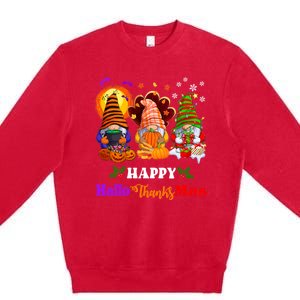 Halloween Thanksgiving Christmas Happy HalloThanksMas Gnomes Long Sleeve Premium Crewneck Sweatshirt