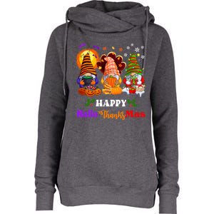 Halloween Thanksgiving Christmas Happy HalloThanksMas Gnomes Long Sleeve Womens Funnel Neck Pullover Hood