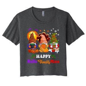 Halloween Thanksgiving Christmas Happy HalloThanksMas Gnomes Long Sleeve Women's Crop Top Tee