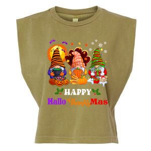 Halloween Thanksgiving Christmas Happy HalloThanksMas Gnomes Long Sleeve Garment-Dyed Women's Muscle Tee