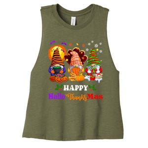 Halloween Thanksgiving Christmas Happy HalloThanksMas Gnomes Long Sleeve Women's Racerback Cropped Tank