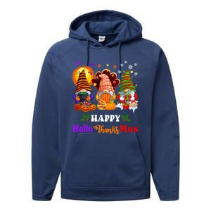 Halloween Thanksgiving Christmas Happy HalloThanksMas Gnomes Long Sleeve Performance Fleece Hoodie