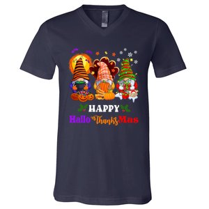 Halloween Thanksgiving Christmas Happy HalloThanksMas Gnomes Long Sleeve V-Neck T-Shirt