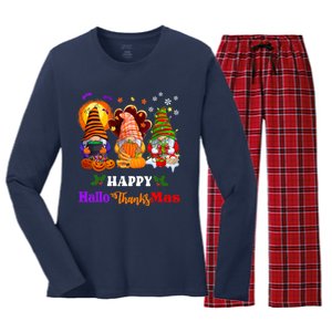 Halloween Thanksgiving Christmas Happy HalloThanksMas Gnomes Long Sleeve Women's Long Sleeve Flannel Pajama Set 