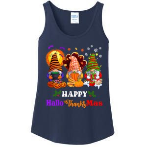 Halloween Thanksgiving Christmas Happy HalloThanksMas Gnomes Long Sleeve Ladies Essential Tank