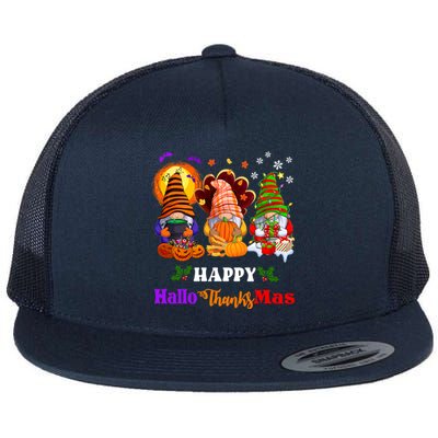 Halloween Thanksgiving Christmas Happy HalloThanksMas Gnomes Long Sleeve Flat Bill Trucker Hat