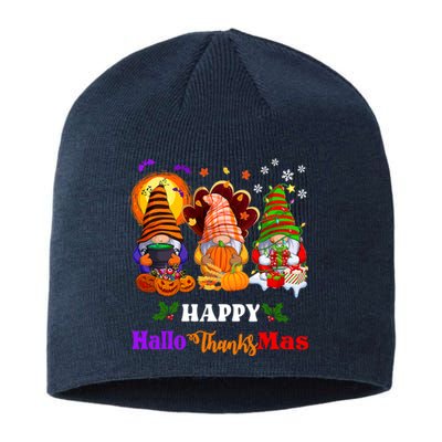 Halloween Thanksgiving Christmas Happy HalloThanksMas Gnomes Long Sleeve Sustainable Beanie