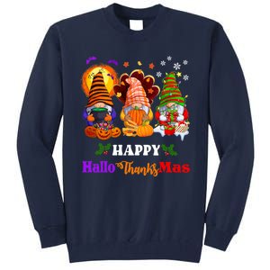 Halloween Thanksgiving Christmas Happy HalloThanksMas Gnomes Long Sleeve Tall Sweatshirt