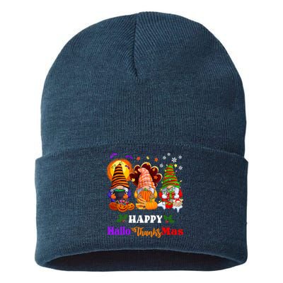 Halloween Thanksgiving Christmas Happy HalloThanksMas Gnomes Long Sleeve Sustainable Knit Beanie