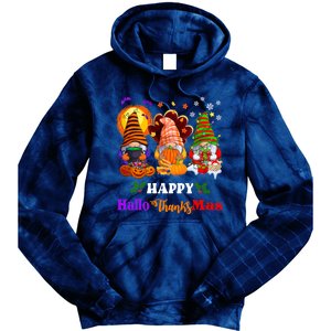 Halloween Thanksgiving Christmas Happy HalloThanksMas Gnomes Long Sleeve Tie Dye Hoodie