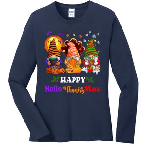 Halloween Thanksgiving Christmas Happy HalloThanksMas Gnomes Long Sleeve Ladies Long Sleeve Shirt