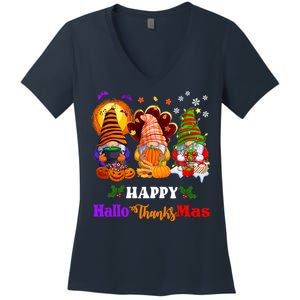 Halloween Thanksgiving Christmas Happy HalloThanksMas Gnomes Long Sleeve Women's V-Neck T-Shirt