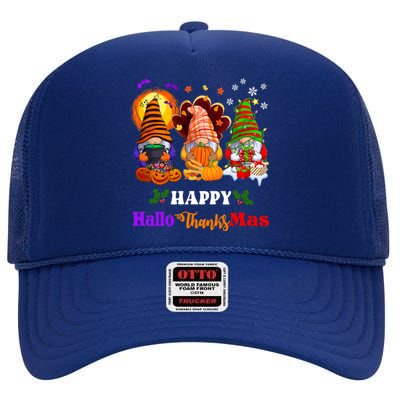 Halloween Thanksgiving Christmas Happy HalloThanksMas Gnomes Long Sleeve High Crown Mesh Back Trucker Hat