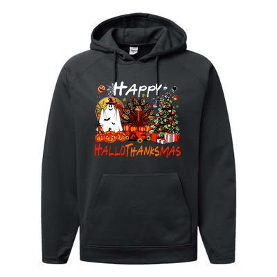 Halloween Thanksgiving Christmas Turkey Happy Hallothanksmas Performance Fleece Hoodie