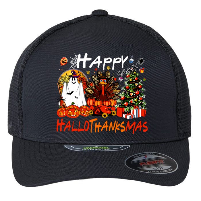 Halloween Thanksgiving Christmas Turkey Happy Hallothanksmas Flexfit Unipanel Trucker Cap