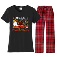 Halloween Thanksgiving Christmas Turkey Happy Hallothanksmas Women's Flannel Pajama Set