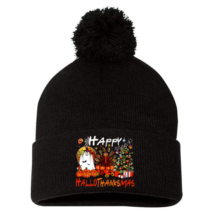 Halloween Thanksgiving Christmas Turkey Happy Hallothanksmas Pom Pom 12in Knit Beanie