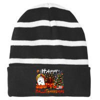 Halloween Thanksgiving Christmas Turkey Happy Hallothanksmas Striped Beanie with Solid Band