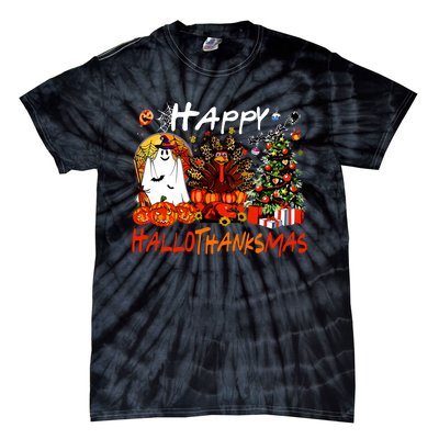 Halloween Thanksgiving Christmas Turkey Happy Hallothanksmas Tie-Dye T-Shirt