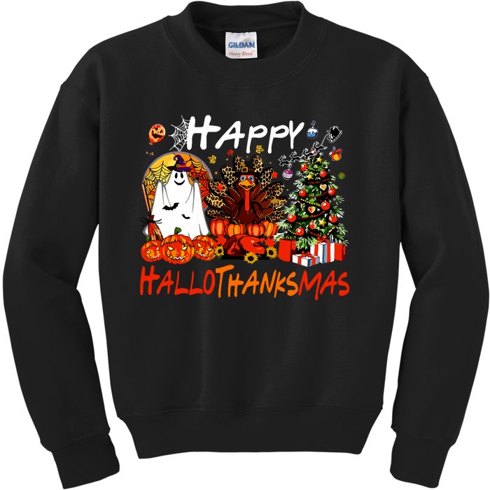 Halloween Thanksgiving Christmas Turkey Happy Hallothanksmas Kids Sweatshirt