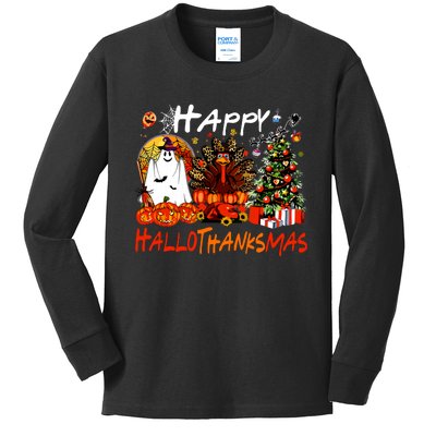 Halloween Thanksgiving Christmas Turkey Happy Hallothanksmas Kids Long Sleeve Shirt